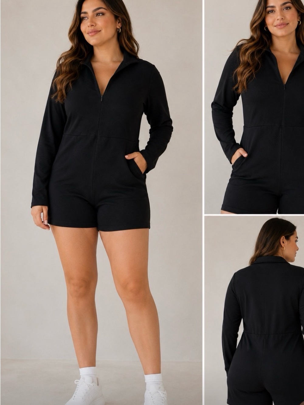 Black Long-Sleeve Zip Romper with Pockets - Women's